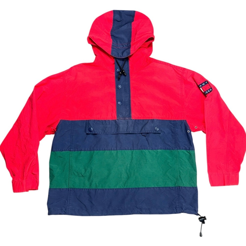 Vintage Tommy Hilfiger Colorblock Anorak Windbreaker Jacket Mens Medium Red Blue